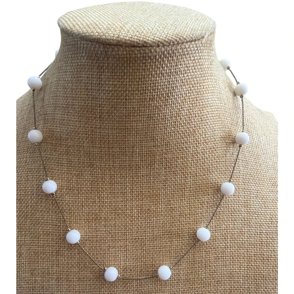 White Round Bead Gold Tone Station Necklace Minimalist Layering Bridal